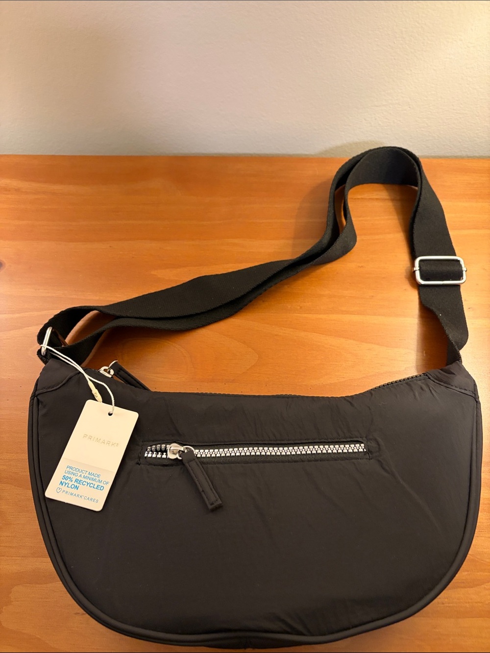 Primark Black Belt /Crossbody Bag Adjustable Strap Silver Zip Detail Nylon